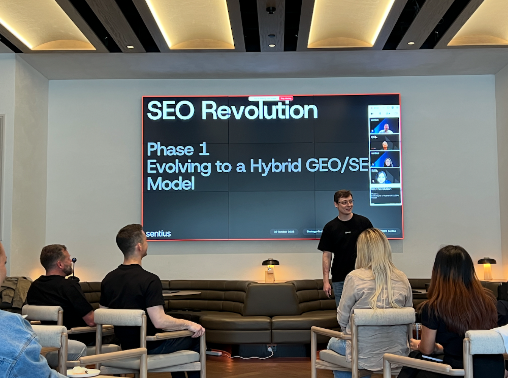 Sentius SEO Manager James Russell presenting at Eclat Melbourne conference room. 