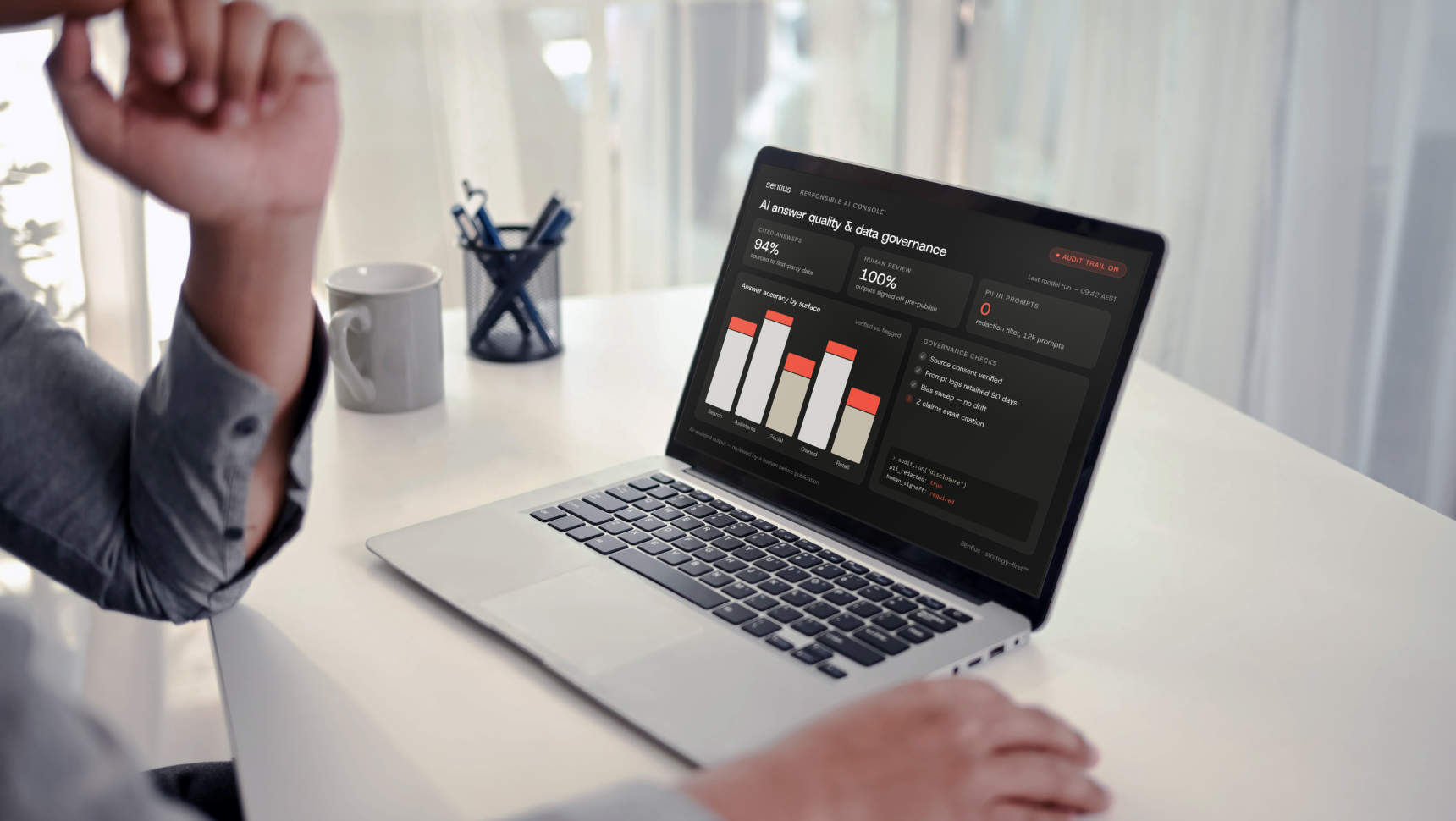 Responsible AI governance dashboard showing answer quality and data checks