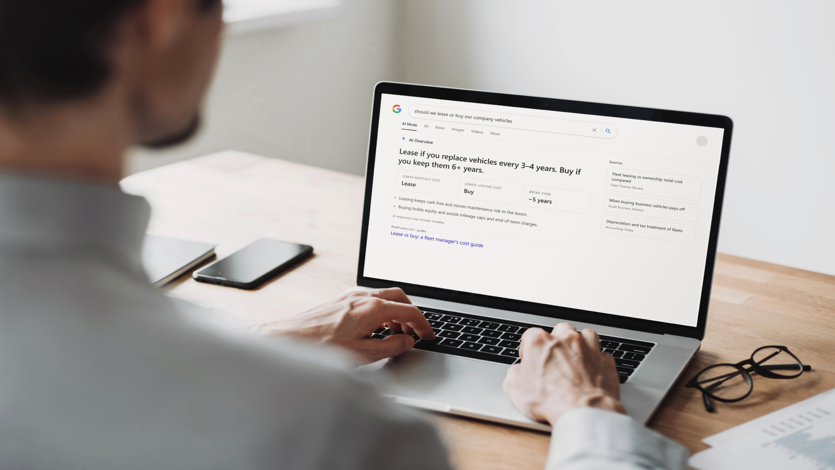 Business leader using Google AI Mode to get a direct AI-generated answer instead of a list of search results
