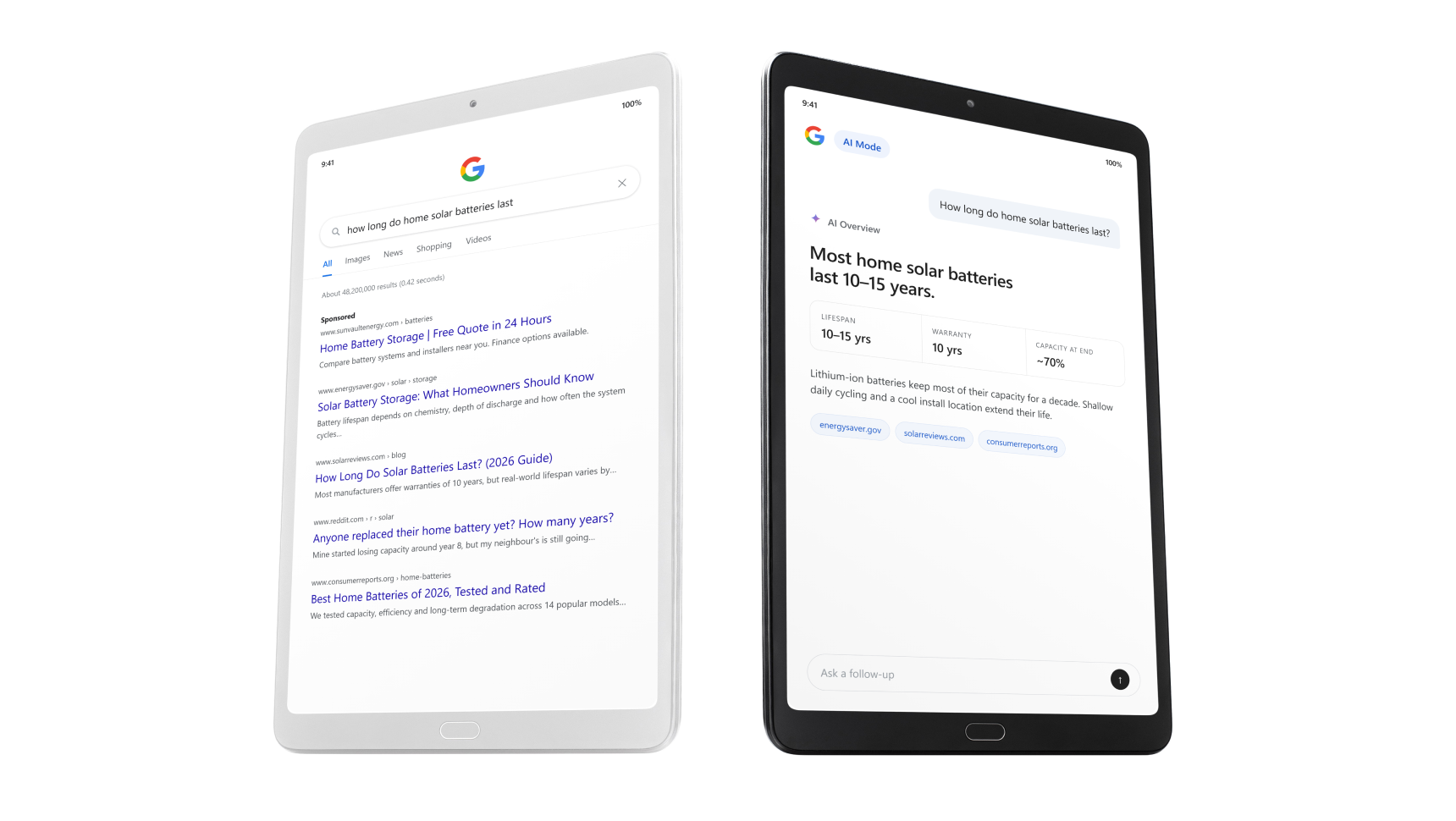 Comparison of traditional Google search results and Google AI Mode’s direct-answer interface