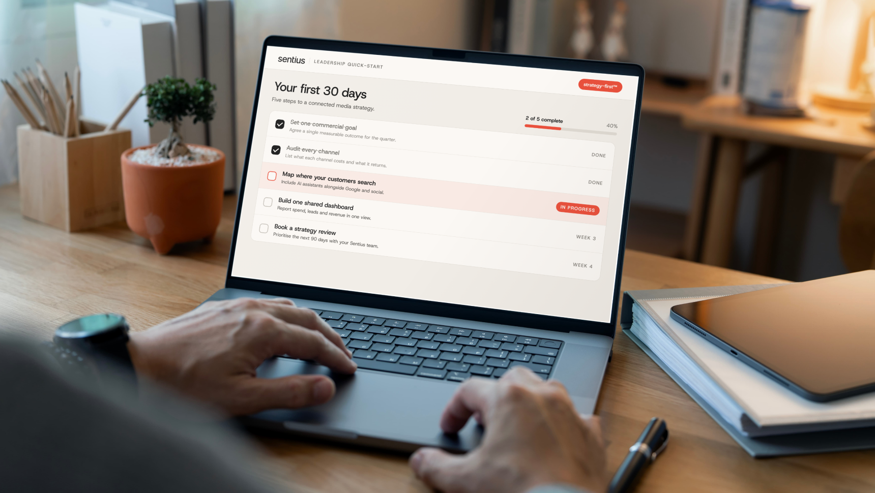 Sentius GSO readiness checklist showing a business’s first 30 days and progress toward generative search optimisation